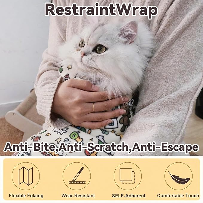 Cat Grooming Wrap, 27inch Self-Adherent Soft Cat Blanket to Wrap, Fabric Burrito Wrap for Nail Clipping, Anti-Scratch, Anti-Escape,Multifunctional Swaddle Wrap Pet Tool (Cute Prints)