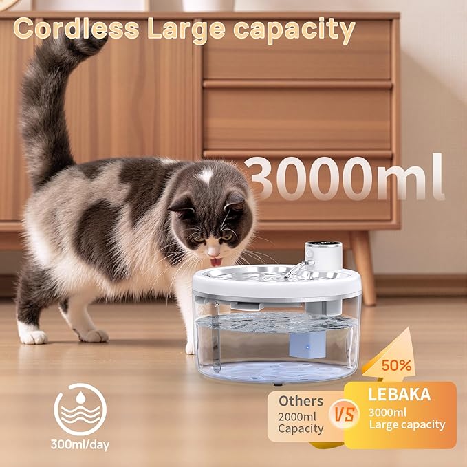 Wireless Cat Water Fountain with Stainless Steel Tray, 102oz/3L Pet Water Fountain for Cats Inside, Cat Fountain for Drinking with Motion Sensor, Ultra Quiet Pump, Cats & Dogs Gifts (8Filters)