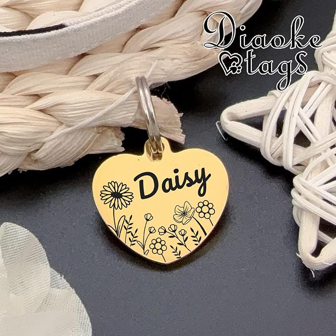 Personalized Dog Tags, Stainless Steel Pet Tags Personalized Cat, Collar Charm Engraved on Both Sides, up to 4 Lines of Custom Text, Multiple Patterns Colors Size Options (Daisy, Large)