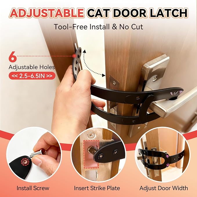Cat Door Latch, Door Prop for Cats to Keep Dogs Out of Litter Box and Food, Preventing Hand Pinching, Cat Door Stopper with 6 Adjustable Straps 2.5-6.5" Wide, Including Door Plate, Black, 1Pc