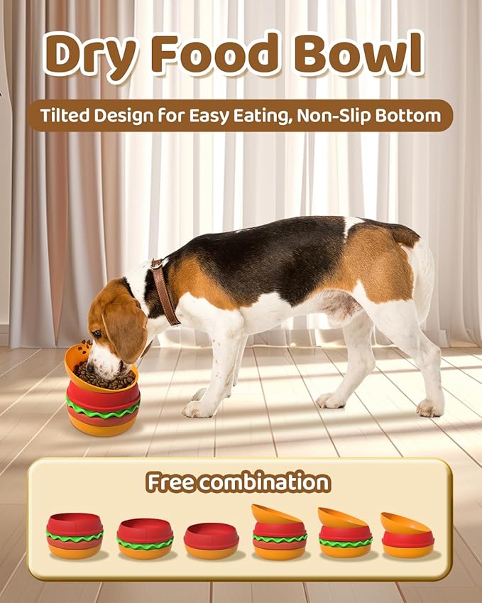 5-in-1 Multifunctional Pet Bowl Hamburger Set, Dry & Wet Food Separation Cat Dog Feeder, Slow Feed Licking Mat Water Bowl, Safe Silicone A5 Melamine, Anti-Slip Portable for Cats Dogs