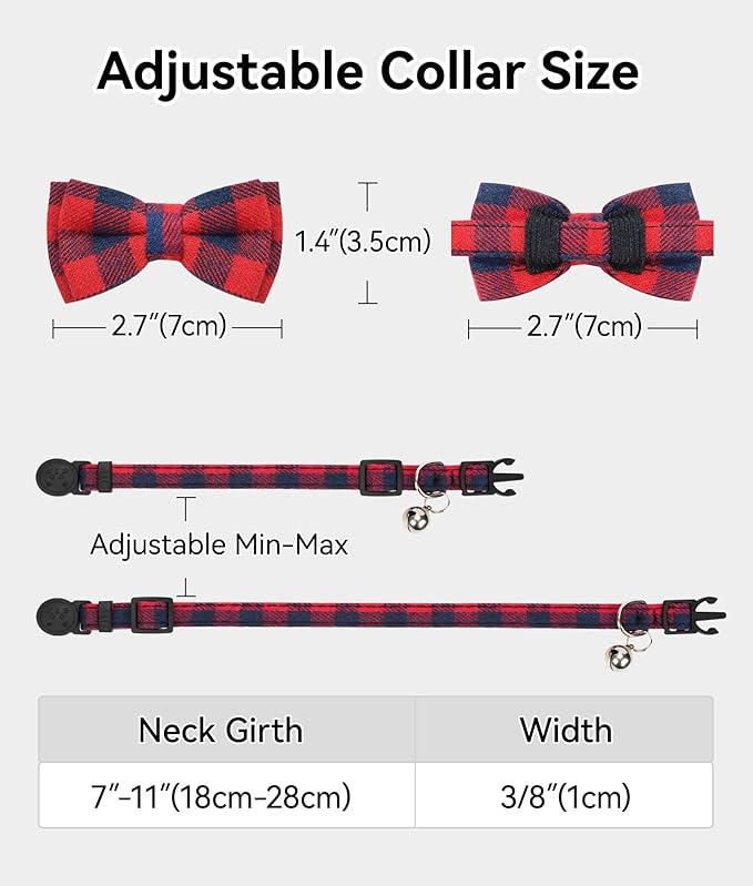 Joytale Upgraded Cat Collar with Bells, Breakaway Cat Collars with Bow Tie, 2 Pack Girl Boy Safety Plaid Kitten Collars, Pink+Red