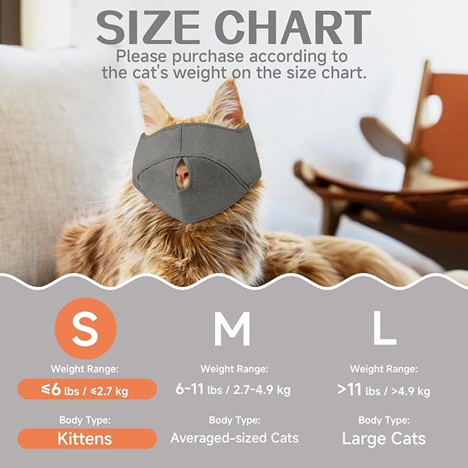 BARKLESS Cat Calming Muzzle for Grooming & Nail Trimming, Oxford Muzzle with Shading Design to Help Calm The Cat Down, Soft Head Cover to Prevent Biting & Scratching (Grey, S)