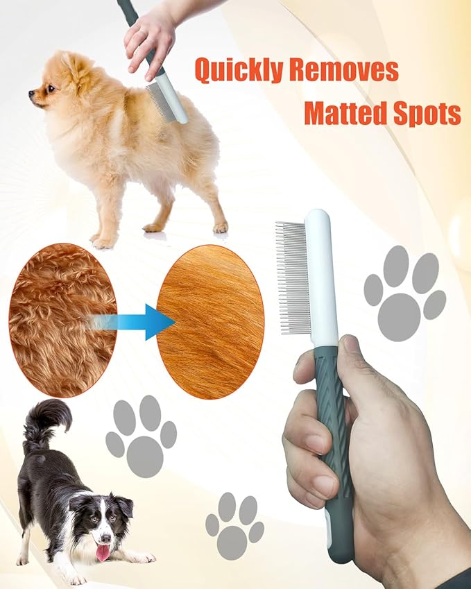 2 PCS Pet Comb with Long & Short Stainless Steel Teeth,Flea and Tick Comb for Dogs & Cats,Pet Grooming Brush for Short&Long Hair,2 different shapes with Rubber Handle