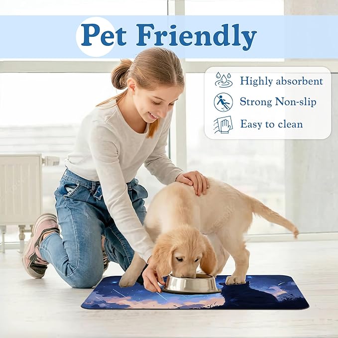 Starry Night Cat Dog Food Mat–Christmas Stocking Absorbent Quick Dry Feeding Placemat for Food and Water Bowls, Non Slip Rubber Backing, Waterproof Pet Supplies for Mess-Free Eating 12"x20"