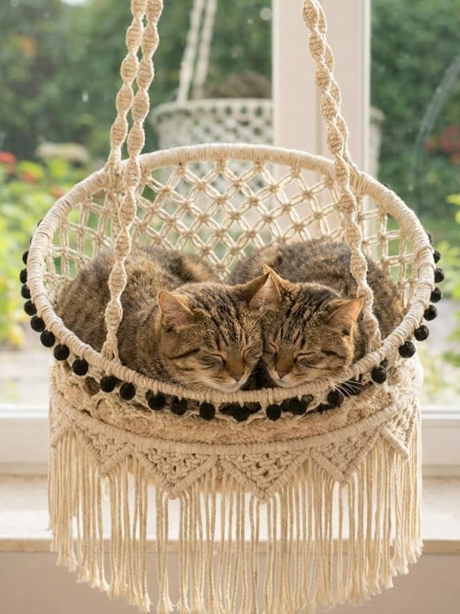KARCEEY Macrame Cat Hammock - Hanging Cat Bed for Wall & Window - Boho Swing with Full Hardware Kit & Nip Toy - Stable Heavy Duty Design for Large & Senior Felines up to 60lbs