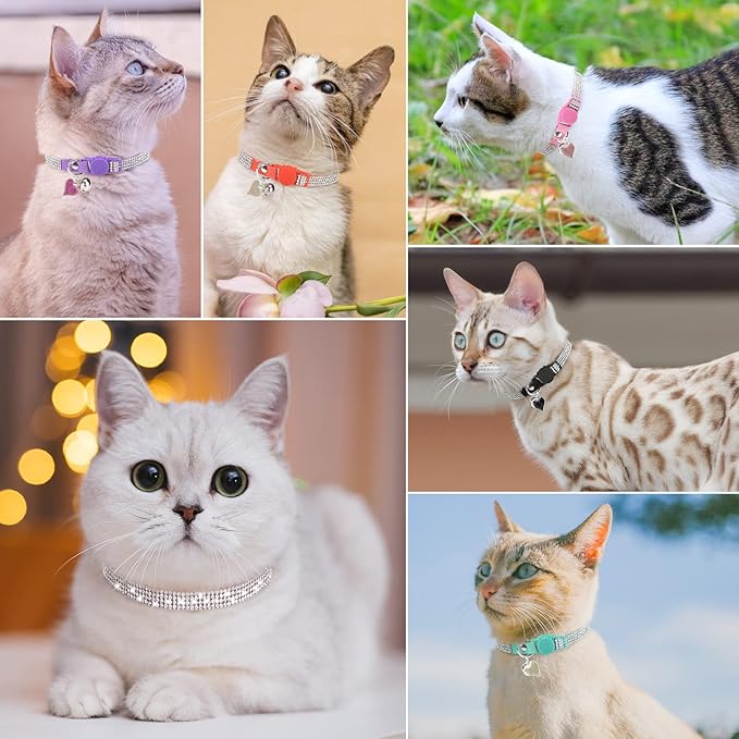 Rhinestone Cat Collar Breakaway with Bell, Diamond Cat Collar with Safety Buckle Quick Release for Girl Boy Small Kitten Pets Puppy,Cute Soft Female Male Cat Collars, Color Black 8-12"
