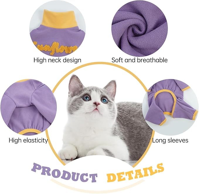T'CHAQUE Sticky Hair Cat Onesie Pajamas, Soft Long Sleeve Cat Clothes, Anti-Shedding, Surgery Recovery Suit, Wound Protection & Preventing Licking, Kitten Sweaters for Male & Female, Purple-L
