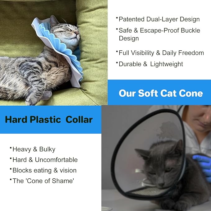 2 Pieces Soft Cat Cone Collar – Adjustable Lightweight Recovery E-Collar to Stop Licking, Scratching & Biting After Surgery, Comfortable Wound Healing Cone Alternative (Blue, S)