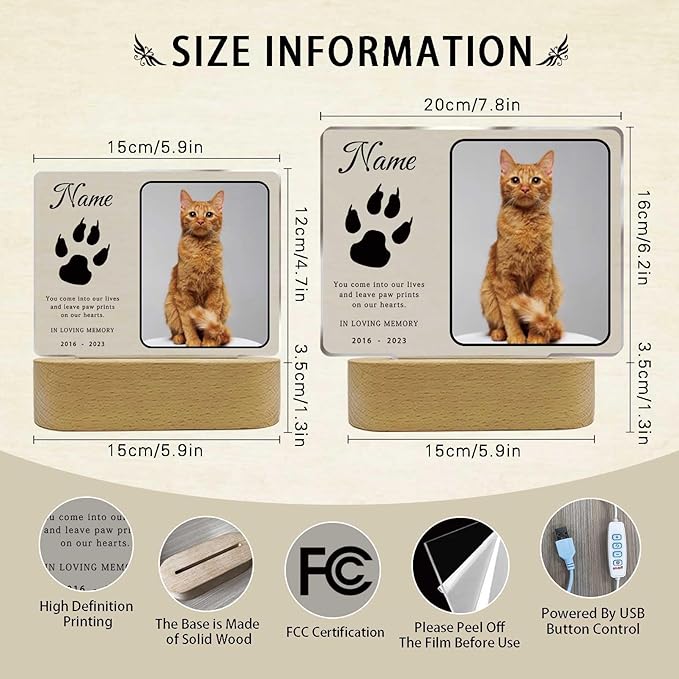 Personalized Pet Night Light Customized Dog Memorial Gift Picture Frame Acrylic Plaque Led Lamp Cat Sympathy Gift for Loss of Pet(Cat Paw)