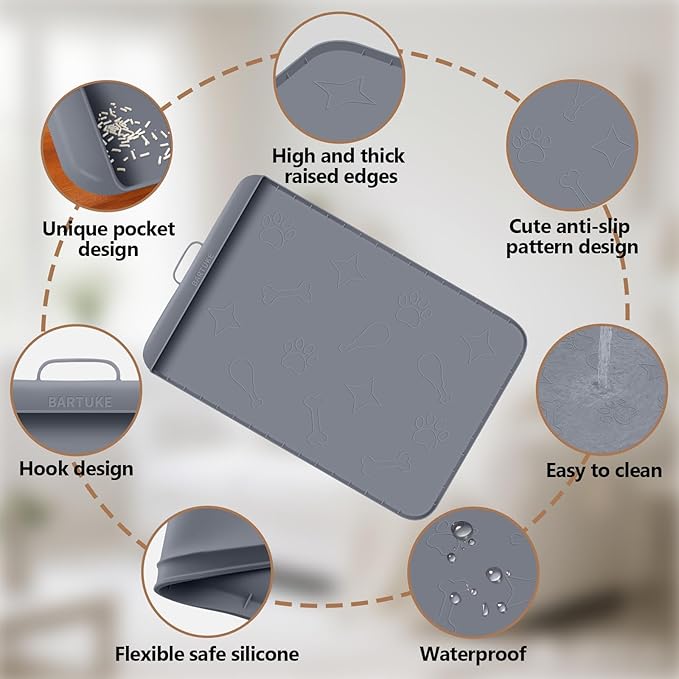 Silicone Cat Litter Mat with Collection Pocket, 42" x 28" Large Cat Litter Box Mat Waterproof Anti-Slip Litter Trapping Mat with Edge and Handle Pet Placemat for Floors (Dark Grey)