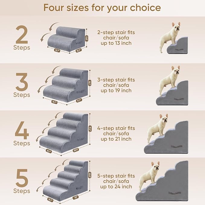 PAWSCART Dog Stairs for Small Pets, 17.7" H with 30D Material Soft Foam, Portable Ramp Non-Slip Surface Non-Slip for Couch and High Bed Climbing, 3-Step Stairs for Cat or Dog, LightGrey