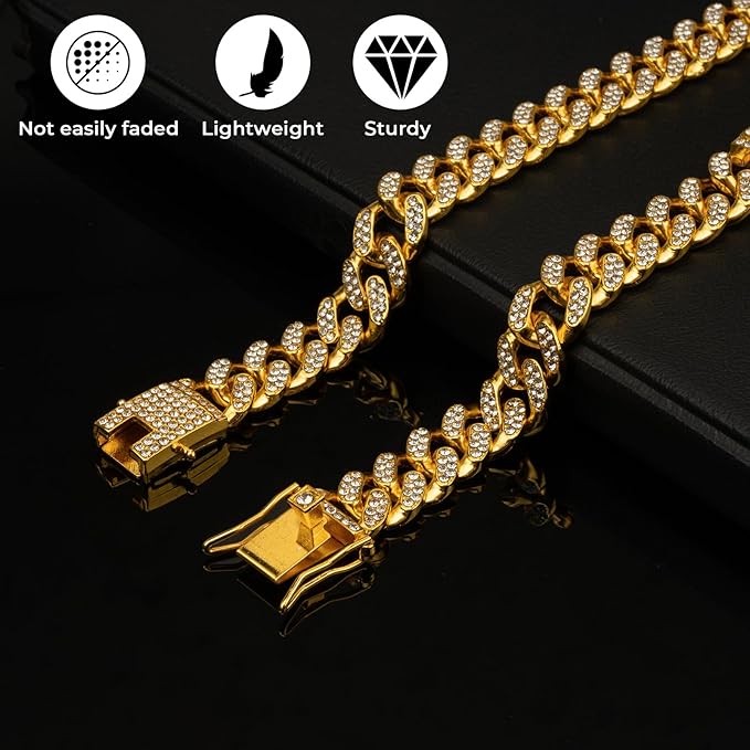 Gold Dog Chain Diamond Collar Walking Metal Chain Collar with Design Secure Buckle Pet Collar Jewelry Accessories Dog Necklace for Small Medium Large Dogs Cats (Gold,24 Inch)