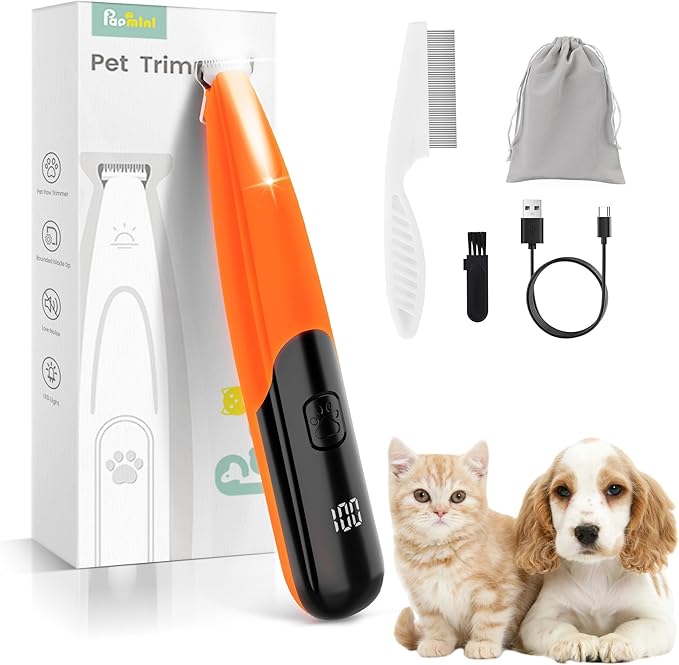 Dog Paw Trimmer with LED Light, 35dB Low Noise Paw Trimmers for Dog's Feet, 2 Speed Safety Electric Dog Clippers for Grooming, Rechargeable Cat Shaver for Paws, Ears, Face, Rump (Red-Orange)