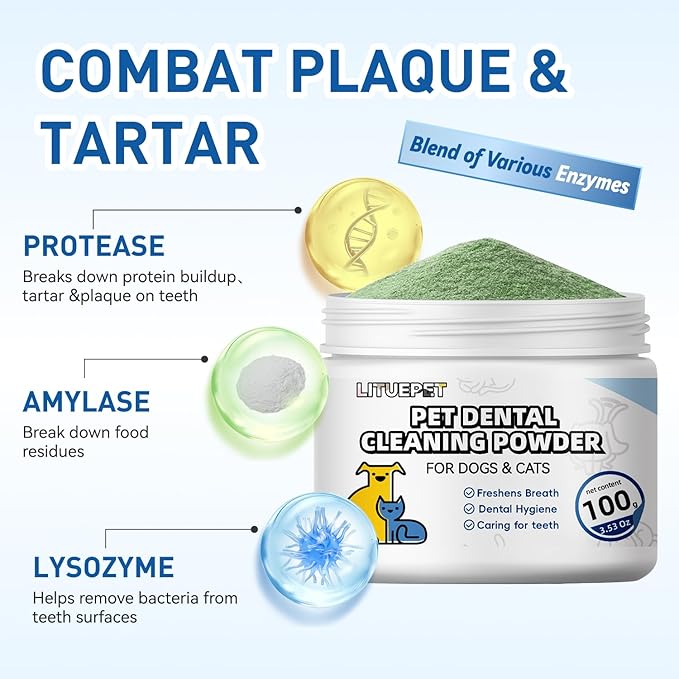 Dog Dental Powde - Dog Teeth Cleaning Powder, Reduces Plaque & Bad Breath - Teeth Cleaning Made Easy Eliminate,Dog Dental Powder and Cats Breath Freshener,Tartar Remover for All Dog (Large)