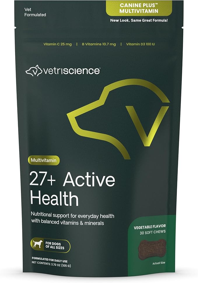 VetriScience 27+ Active Health Chews, Canine Plus Daily Multivitamin for Puppies and Adult Dogs, Balanced Vitamins, Minerals & Antioxidants, Veggie, 30 Count