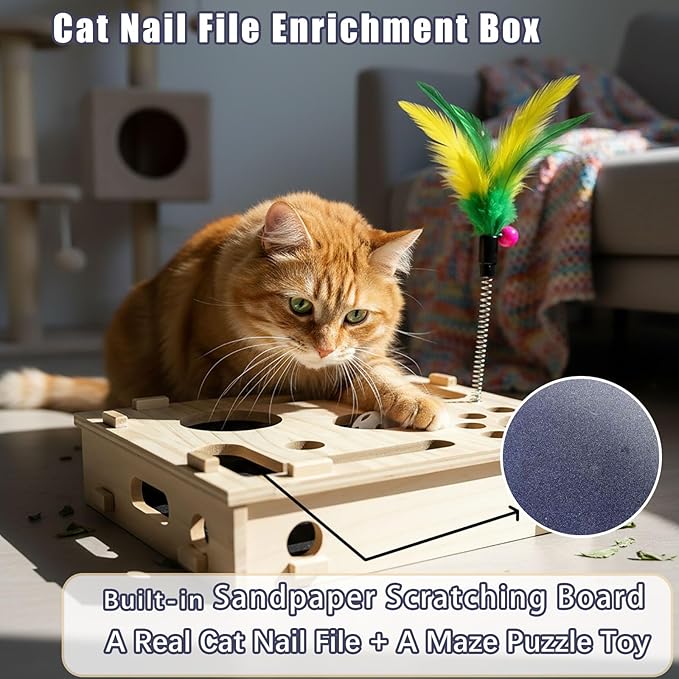 Cat Nail File Enrichment Box - Cat Scratch Puzzle with Bell Ball & Sandpaper, Stress-Free Alternative to Cat Nail Clipper, Cat Nail File Toy for Claw Care (A- Detachable)