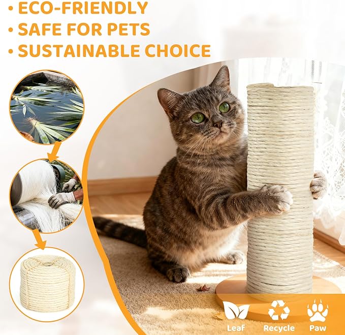 Natural Sisal Rope for Cat Scratcher Tree Thick 5-mm 1/5 Inch by 50 Feet, Cat Tower Climbing Twine for Cat Scratching Post Replacement, Scratch Post Repairing, Replace, Recovering and DIY, White