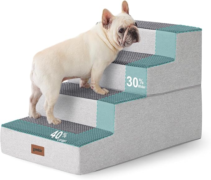 Dog Stairs for Large Dogs - Extra Wide Pet Stairs 2 in 1 with Zippers Suitable for Couch and Bed, 35D Foam Dog Steps with Non Slip Bottom Grey 4 Steps, Grey