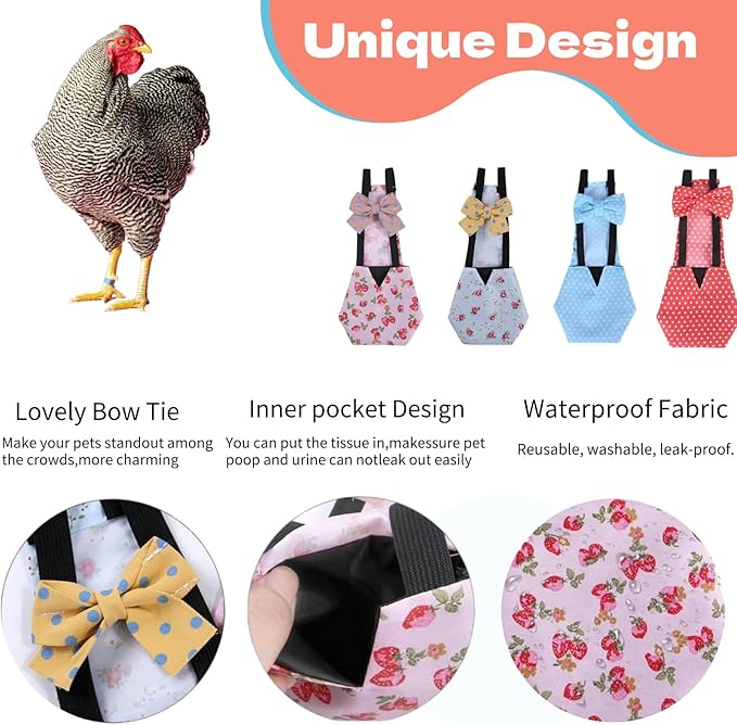 2 Pcs Chicken Diapers Reusable with 2 Pack Rooster Collar, Poultry Diapers Multiple-Used Pet Diapers for Chicks Ducklings and Goslings, Washable Duck Diapers with Bow Tie, Chicken Accessories(Medium)