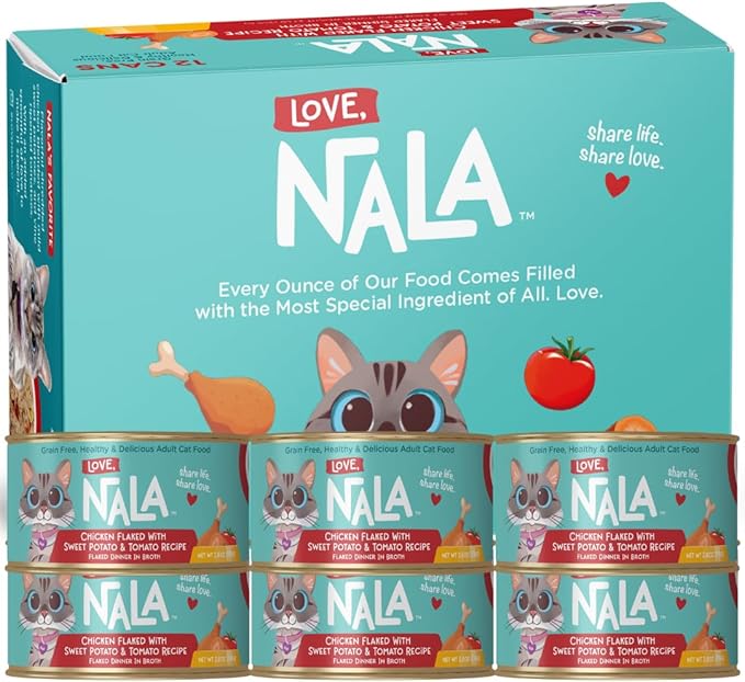 LOVE, NALA - Chicken Flaked with Sweet Potato & Tomato in Broth - 24 Pack, 4.8 lbs - Natural Adult Cat Wet Food Flaked -Grain Free, Non-GMO, Lean Protein, Added Minerals & Vitamins