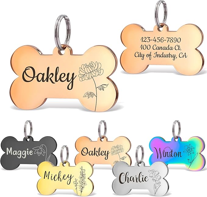 Anavia Floral Pet ID Tags, Birth Month Flowers Theme Dog Tag Round Bone Shape Cat Name Tag, Glossy Stainless Steel Gold Plated Dog Collar Tag (Bone Shape - Rose Gold, Large)
