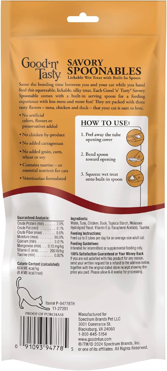 Good 'N' Tasty Savory Spoonables with Real Tuna, Chicken & Duck, 6 Count Tube, Triple Flavor Squeezable Lickable Wet Treats for Cats with Built-in Spoon for Less Mess