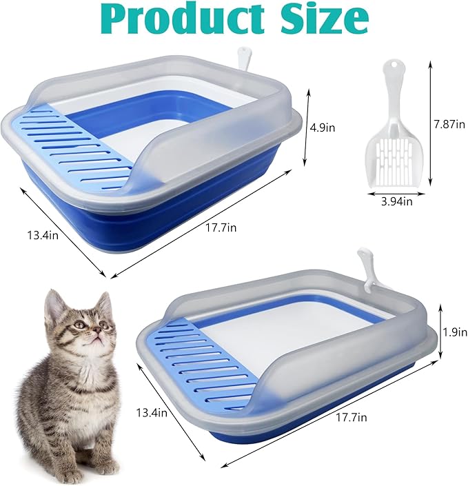VCEPJH Collapsible Litterbox with High Sides Small Cats Litter Pan with Scoop Open Cat Litter Box Portable Travel Kittens Toilet Kitten Starter Kit for Kittens Adult Cat Elderly Cats (Blue)