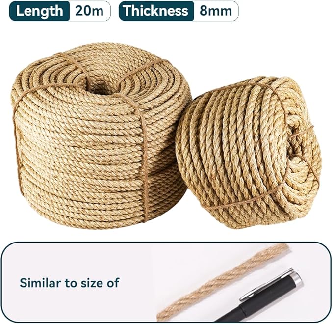 Natural Sisal Rope for Cat Scratcher Replacement, Durable Cat Tree Post Repair Cord for DIY Projects, Climbing Towers, Furniture Protection, Scratch Pad, Crafts, Garden, and Home Décor Use
