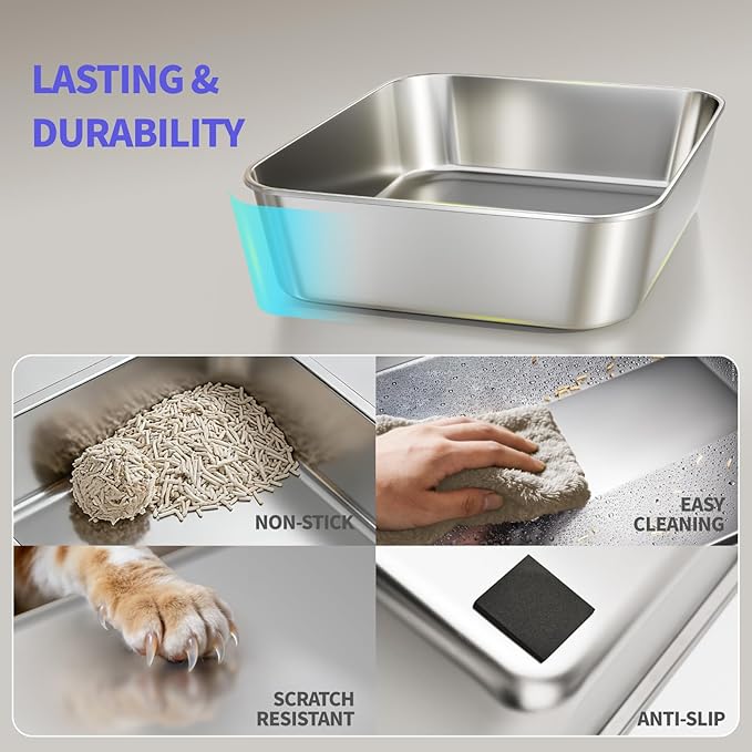 2 Pack Stainless Steel Cat Litter Box Medium, Metal Kitty Litter Box with High Sides, Easy to Clean, No Stains, Odor-Free for Kittens/Multi-Cats