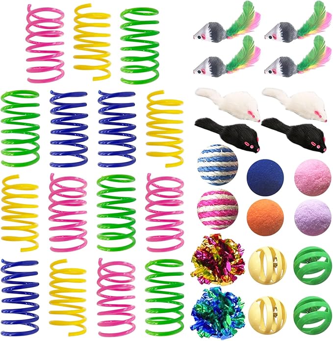 AGYM Cat Toys for Indoor Cats, 35 Packs Interactive Cat Toys Set with Colorful Springs, Mouse Cat Toy, Crinkle, Sisal, Pompom and Color Bell Balls for Kittens