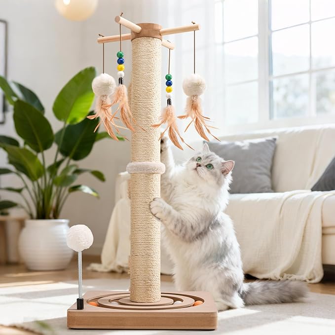 25 Inches Cat Scratching Post with Interactive Toys, Sisal Cat Scratch Post with Sturdy Ball Track Base for Indoor Cats and Kittens