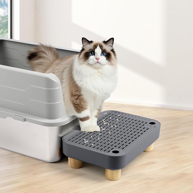 Cat Litter Box Step Ramp, Cat Litter Catcher Mat with Wooden Feet, Filter Function, Pedal Stool for Self-Cleaning Litter Box, Ideal for Kitten & Elderly Cats (Dark Grey)