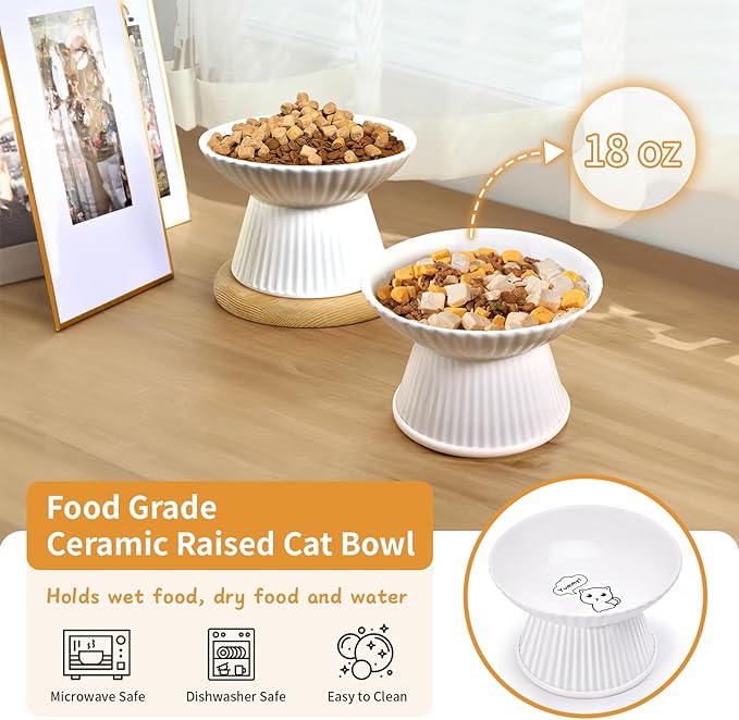 Upgraded 6.5" Extra Wide Ceramic Elevated Cat Bowl, Whisker Friendly Raised Cat Food Bowl for Food and Water, Anti-Vomiting High Cat Dish for Indoor Cats, Dishwasher Safe & Microwaveable