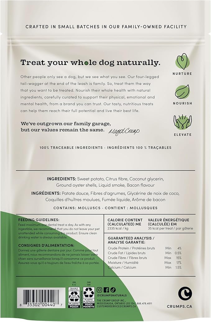 Crumps' Naturals Pbb- Bacon Dental Dog Treats (18 Pack), 4.5"