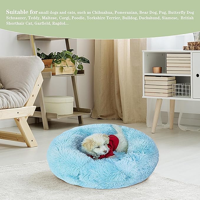 Calming Dog Bed for Small Dogs Cats, Kitty Puppy 23'' Round Anti-Anxiety Warm Fluffy Plush Faux Fur Bed, Soft Anti-Slip Donut Washable Small Pet Bed, Cozy Cat Puppy Bed, Fits up to 30 lbs Pets