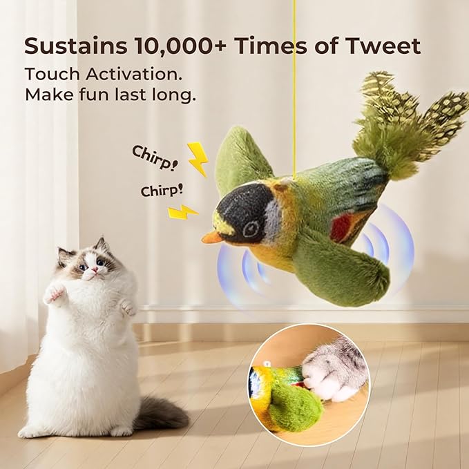 2-pack catnip cat toys that stimulate indoor cats' natural hunting instincts,Interactive plush bird toy with realistic chirping sounds to tease your cat (Brown artificial bird + green artificial bird)