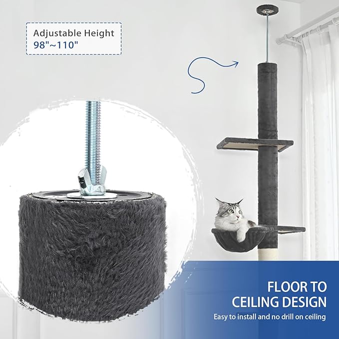 Cat Craft Floor to Ceiling Cat Tree,5 Tiers Tall Cat Tower with Adjustable Height(98-110),Skinny Ceiling Cat Tree with Cozy Hammock,Sisal Scratching Posts,Platforms,and Hanging Balls for Large Cats