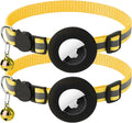 2 Pack Airtag Cat Collar with Bell, Reflective Nylon Kitten Collar with Apple Air Tag Holder and Breakaway Safety Buckle for Puppy Girl Boy Cats, 3/8" in Width and Lightweight, Yellow