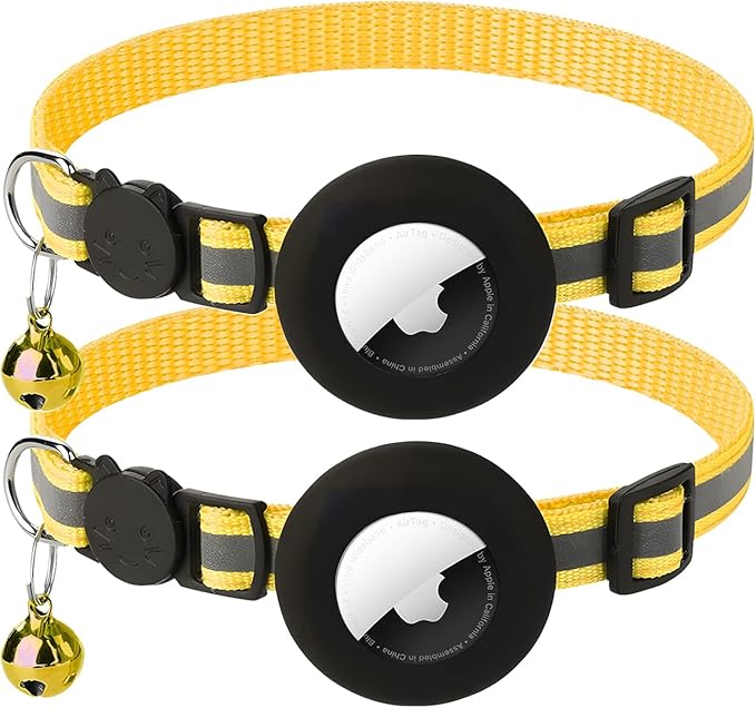 2 Pack Airtag Cat Collar with Bell, Reflective Nylon Kitten Collar with Apple Air Tag Holder and Breakaway Safety Buckle for Puppy Girl Boy Cats, 3/8" in Width and Lightweight, Yellow