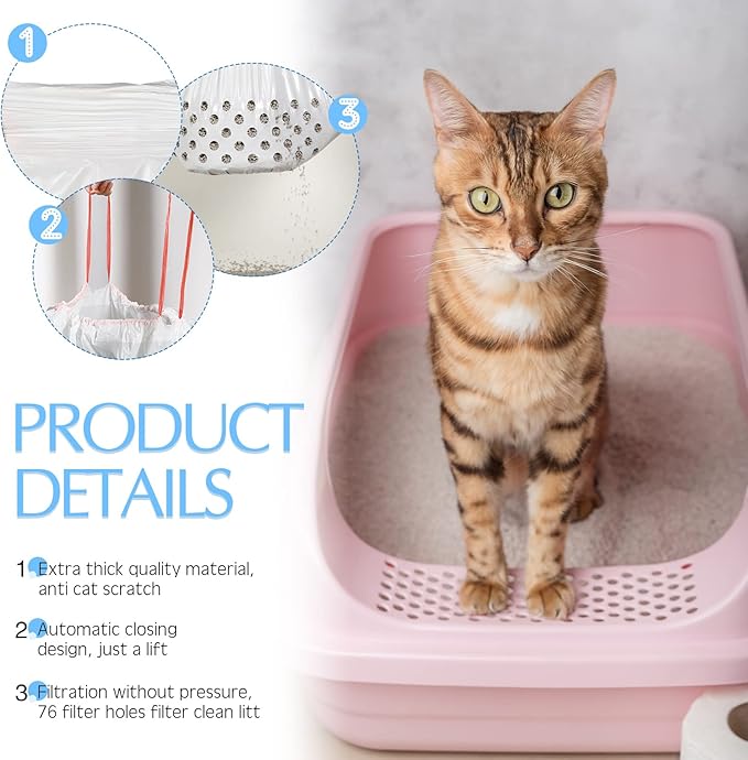 Jutom 28 Count Sifting Litter Box Liners, Drawstring Jumbo Sifting Cat Litter Bags with Holes, 31 x 18 Inch 22 lb Capacity Portable Thick Scratch Resistant Drawstring Bags for Pet Cats