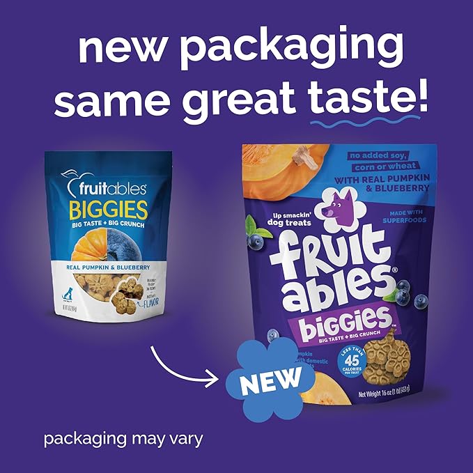 Fruitables Biggies Dog Biscuits, Healthy Treats for Dogs, Doggie Biscuits, Crunchy Pumpkin Treats, Made Without Wheat, Corn and Soy, Made in The USA, Pumpkin and Blueberry Flavor, 16oz