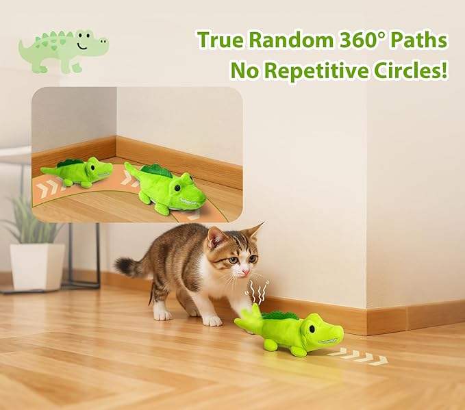 Interactive Cat Toys for Indoor Cats - Self-Charging Alligator Chase Toy with 360° Motion, Wagging Tail & Catnip, Automatic Exercise Toy for Bored Kittens/Adults(Smooth Fur)