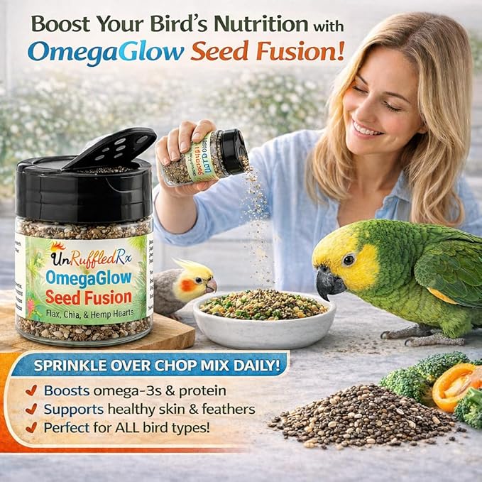 UnRuffledRx™ OmegaGlow for Birds – Raw, Natural Seed Blend for Feather Growth & Molting Support – Skin & Immune Health with Chia, Flax & Hemp Seeds – Helps Reduce Plucking – 2 oz Shaker Jar