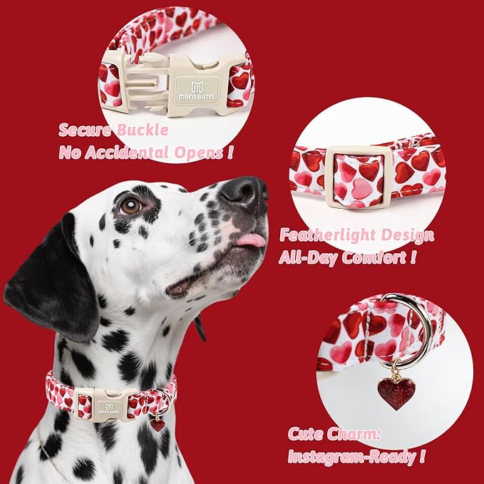 Maca Bates Valentine's Day Dog Collar with Red Love Heart Charm for Extra Large Girl Boy Dogs, Ombre Effect Heart Pattern,Adjustable Durable Soft Collars Valentine Gift for Male Female Puppy