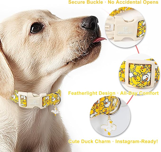 Maca Bates Summer Cute Dog Collar with Yellow Duck Print for Extra Large Boy Gril Dogs,Spring and Summer Styles Durable,Soft,Thick,Adjustable Puppy Basic Collars for Male Female Pet with Safety Buckle