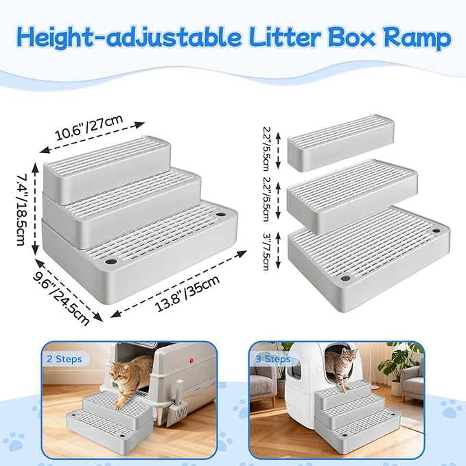 Extra Large 3 Steps Litter Box Ramp, Adjustable Cat Litter Box Step with Filter Function, Easy to Clean Cat Litter Stair Catcher for Elderly Cats and Kitten (Light Grey)