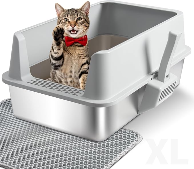 Stainless Steel Cat Litter Box, XL Metal Litter Box with High Sides Lid, Extra Large Cat Litter Boxes for Big Cats, Anti-Urine Leakage, Easy Cleaning, Odor Free, Non-Sticky, Include Scoop and Mat