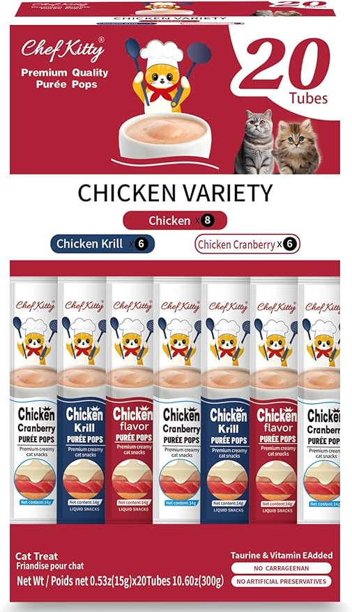 Purée Pops, Cat Treats, Grain-Free, Lickable, Squeezable Creamy Cat Treat/Topper with Vitamin E & Taurine, 0.5 Ounces Each Tube, 20 Tubes, Chicken Mix Variety