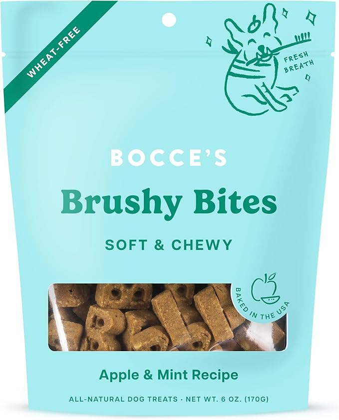 Bocce's Bakery Dailies Brushy Bites Dog Treats for Wellness Support, Wheat-Free Dog Treats, Made with Real Ingredients, Baked in The USA, Natural Soft & Chewy, Apple & Mint Recipe, 6 oz